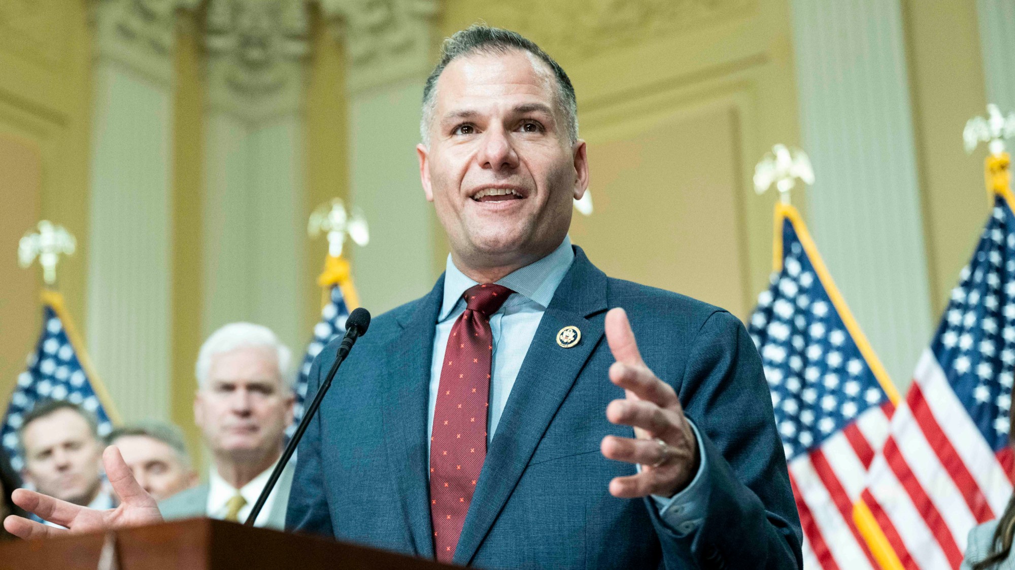 Rep. Marc Molinaro speaks into a microphone during a press conference at the U.S. Capitol.