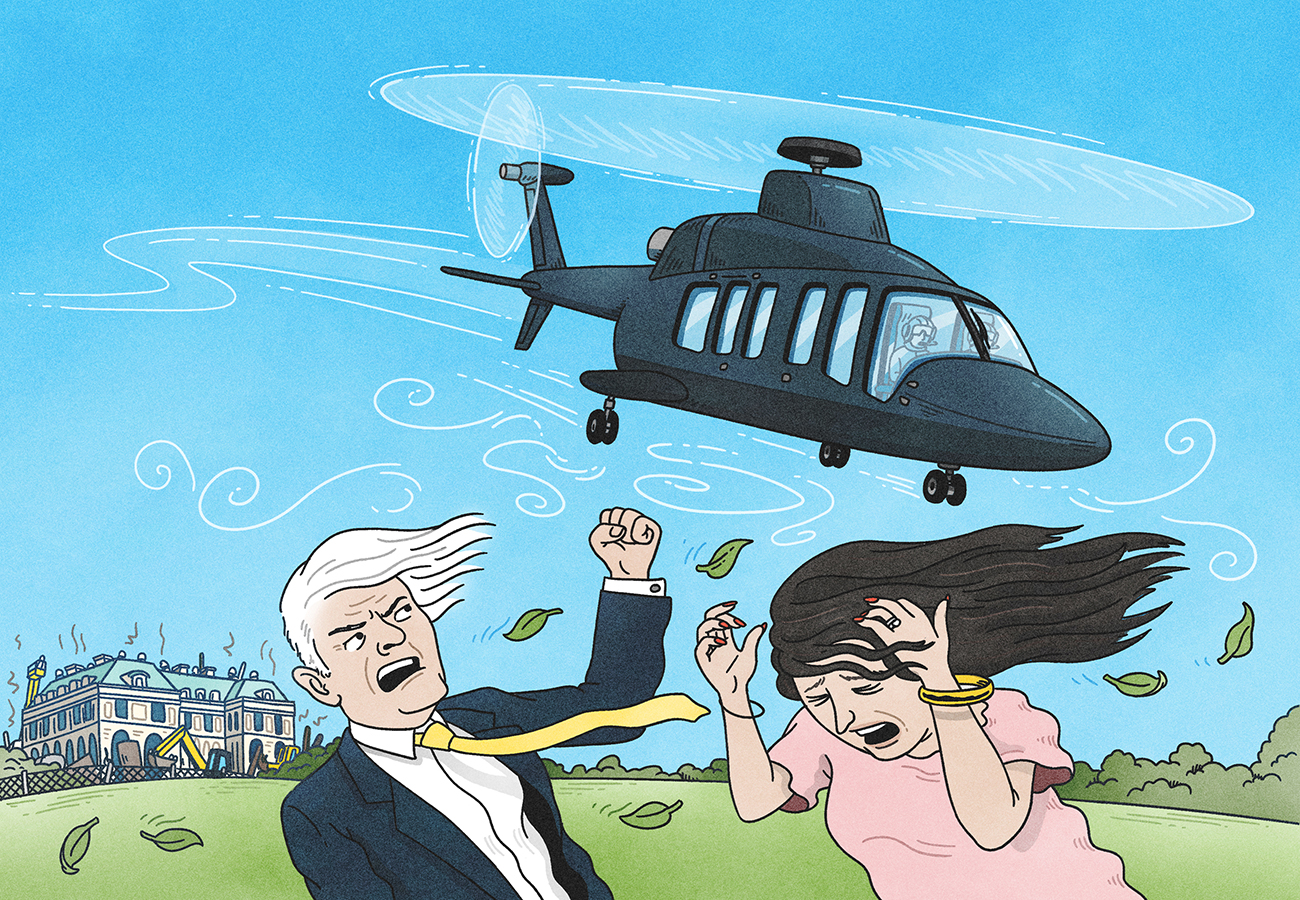 An illustration of two people being harassed by a low-flying helicopter