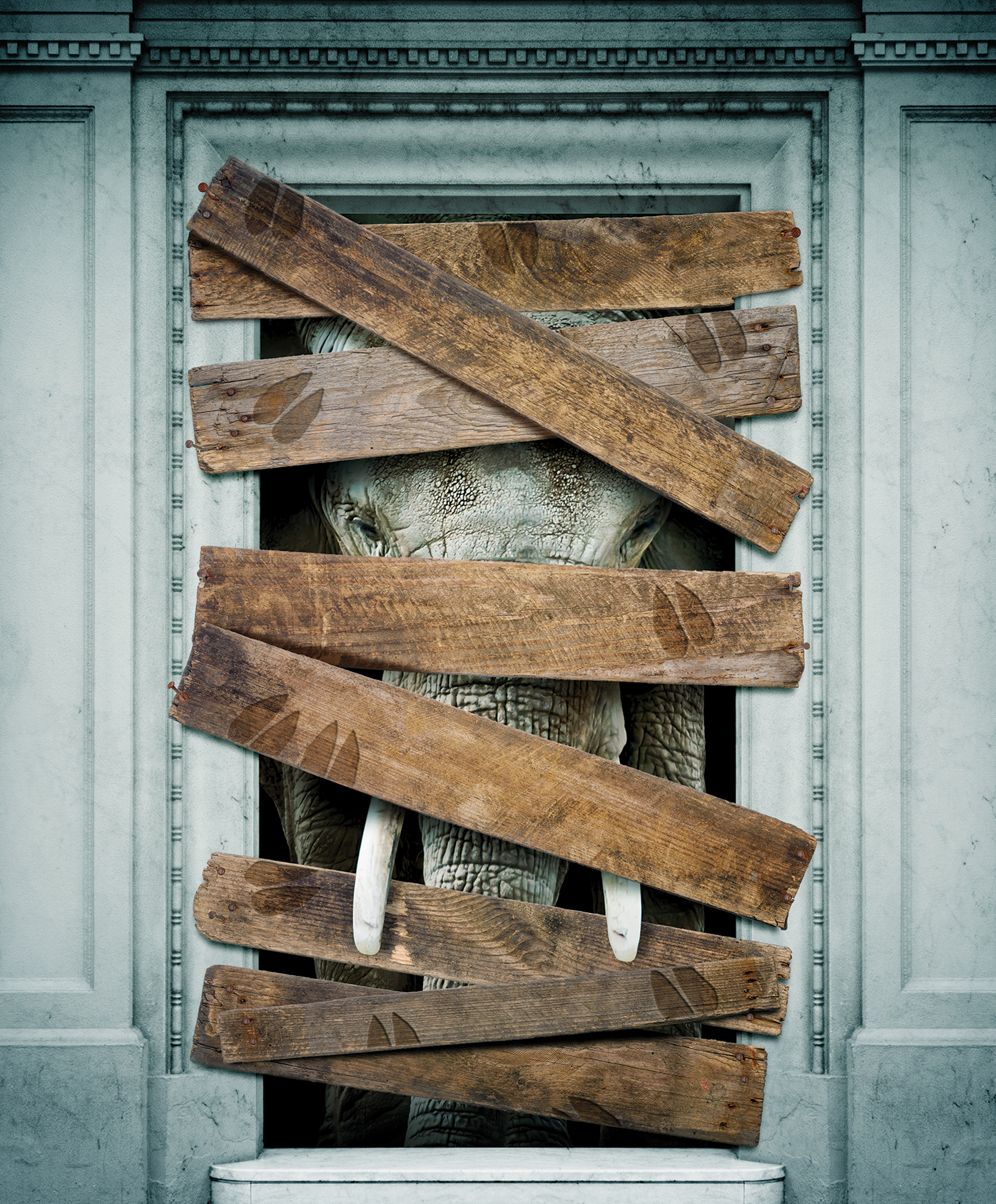 A photo realistic illustration of an elephant representing the Republican Party peeking through eight wood planks. The wood planks nearly cover the entire doorway at a statehouse. The wood planks show the imprint of the hoofs of a donkey, which represents the Democratic Party.