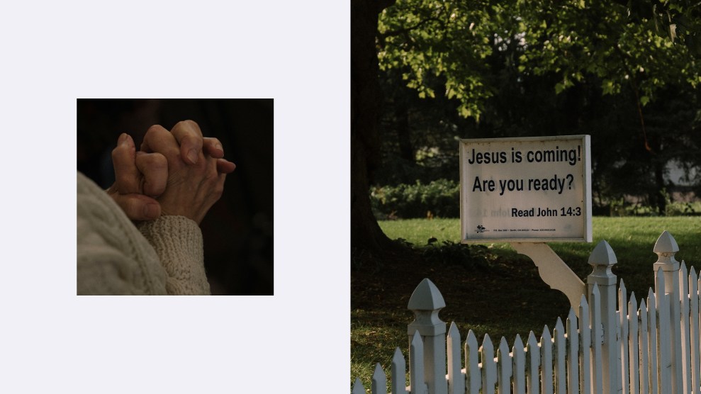 An image divided into two sections. On the left, there is a close-up of hands clasped together in prayer, with the person wearing a knitted sweater. On the right, a white picket fence surrounds a yard where a sign reads, “Jesus is coming! Are you ready? Read John 14:3.”