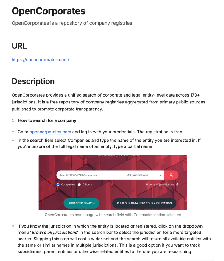  Example of a tool description for OpenCorporates