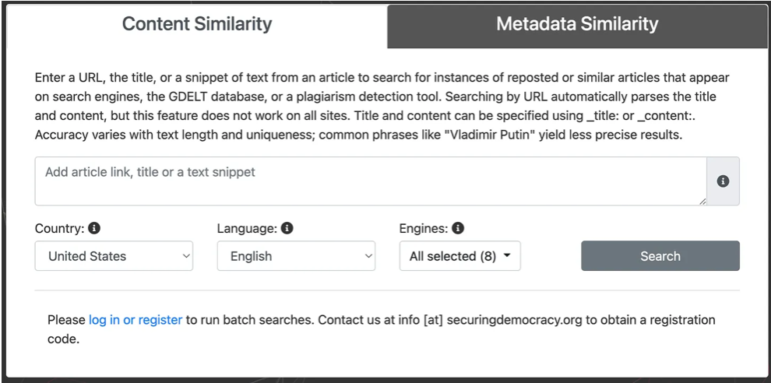 Content vs. Metadata Similarity, Information Laundromat website analysis tool