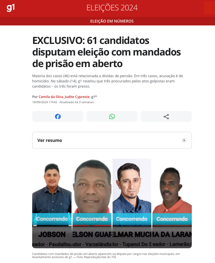 G1 article Brazilian candidates running for office while wanted