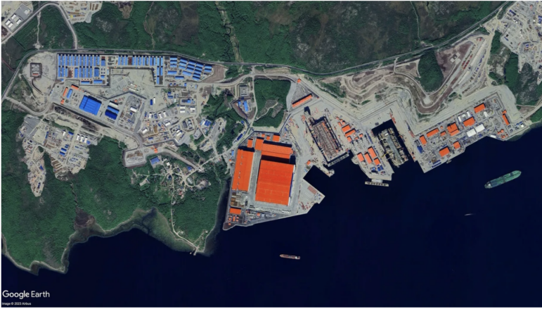 Novatek’s construction yard for Arctic LNG 2, at Belokamenka, near Murmansk. Satellite imagery: Airbus/Google Earth