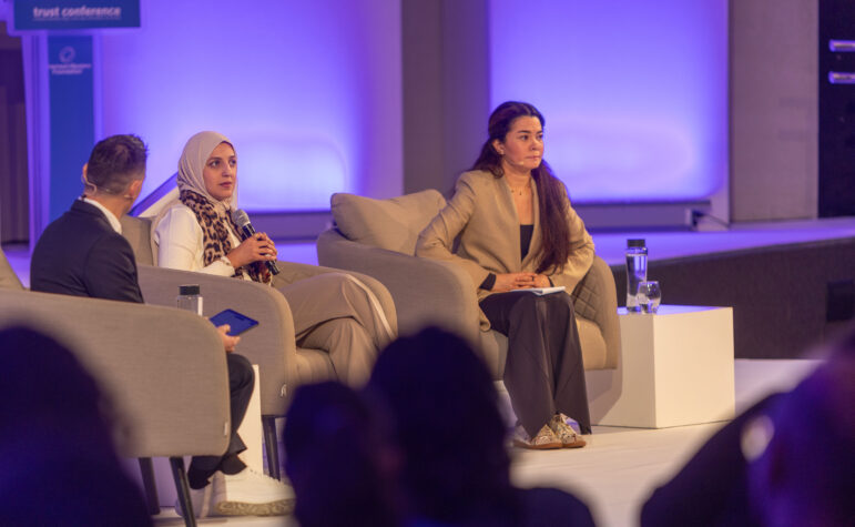 Ukrainska Pravda Editor-in-Chief Sevgil Musaieva (right) speaking in London at the Trust Conference 20204, the Thomson Reuters Foundation's annual flagship forum.