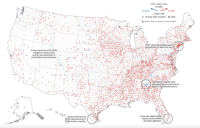 Washington Post US county partisan shift 2024 election