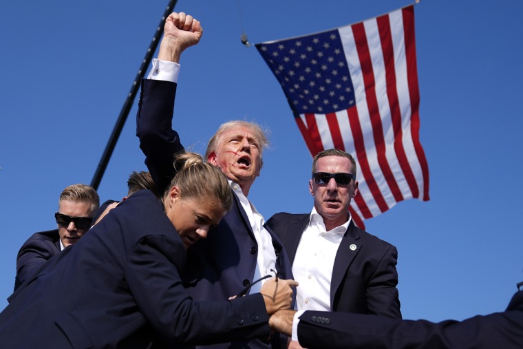 Donald Trump, with blood on his ear, raises up a fist while being escorted away by secret service outdoors, American flag flies in the background