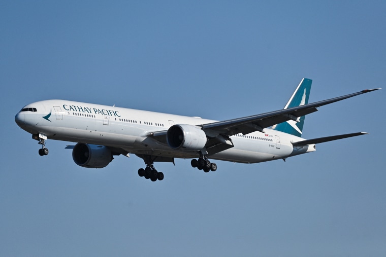 A Cathay Pacific flights prepares for landing in Beijing on October 22, 2024. 