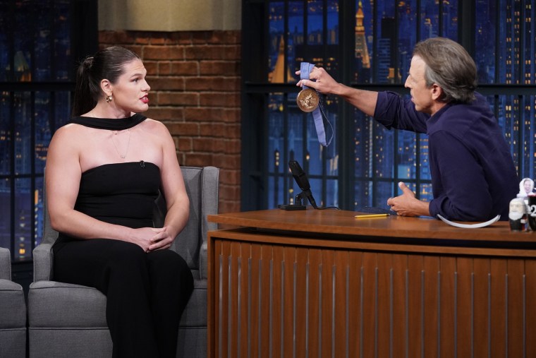 Team USA rugby Olympian Ilona Maher during an interview with host Seth Meyers on Aug. 12, 2024.