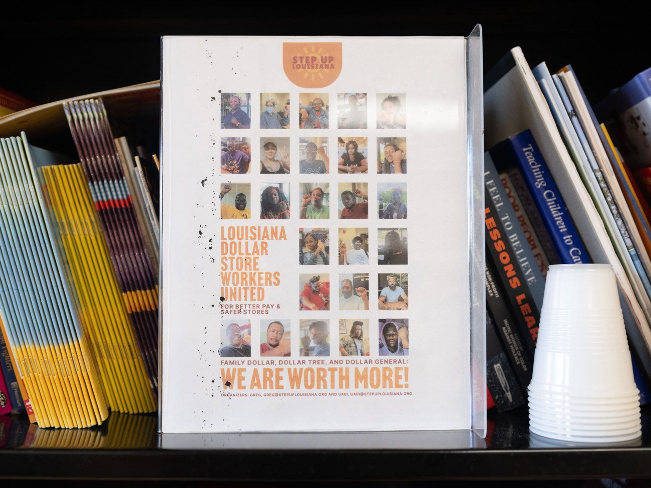 Photo of a binder that reads, "Louisiana Dollar Store Workers United."