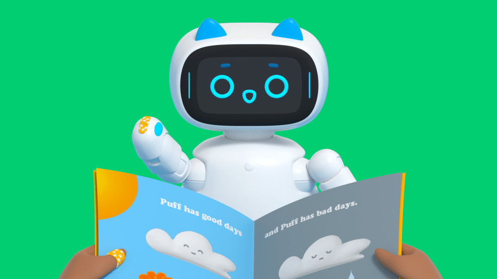 Digital illustration showing the POV of child reading a book to a small friendly robot. The robot is white, on a green background, and waves at the child.