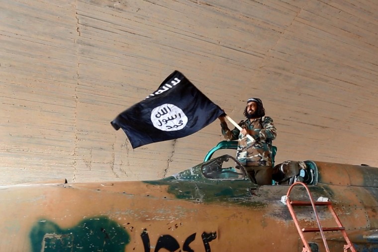 Image: An Islamic State fighter waves a flag while standing on captured government fighter jet in Raqqa, Syria, on 2015.