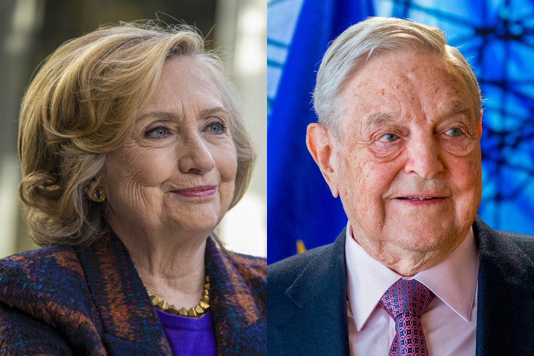 A split composite of Hillary Clinton and George Soros.