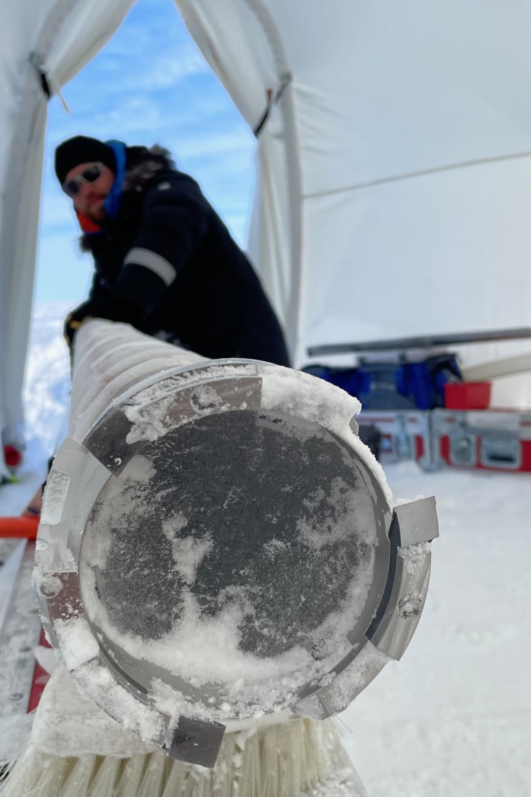 Ice in the core barrel while drilling on the Greenland ice sheet.