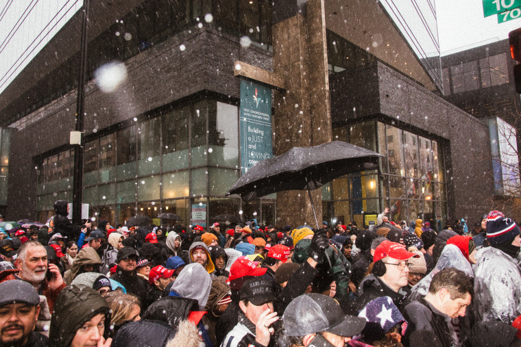 Thousands gather outside the Capital One Area in hopes of attending a Trump rally on Jan. 19, 2025.