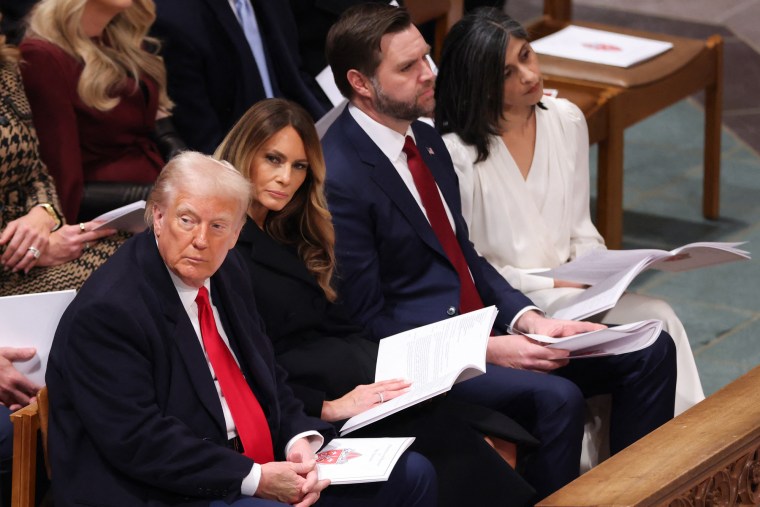 Seated in a pew from left, Donald Trump, Melania Trump, J.D. Vance and Usha Vance