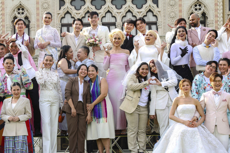 LGBTQ couples celebrate the marriage equality bill at Government house in Bangkok