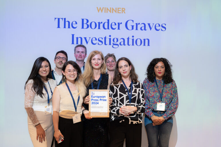 Members of the Border Graves investigation team accepting the award for the European Press Prize 2024. 