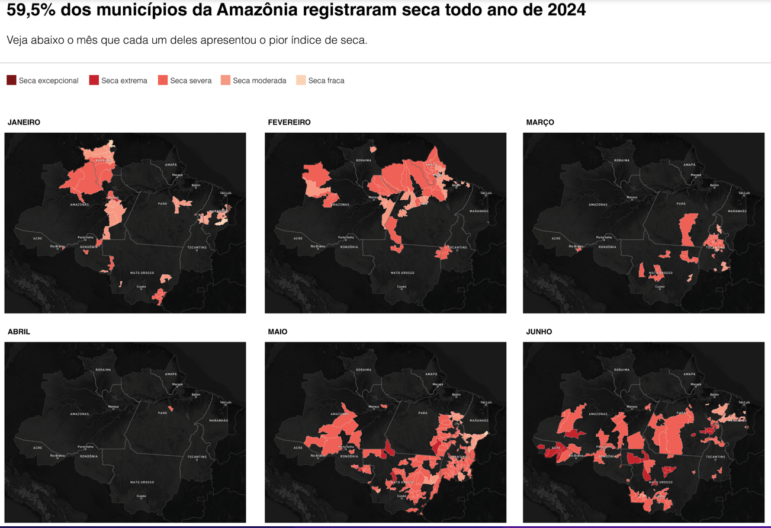 InfoAmazonia map of drought sections of the Amazon for the first half of 2024