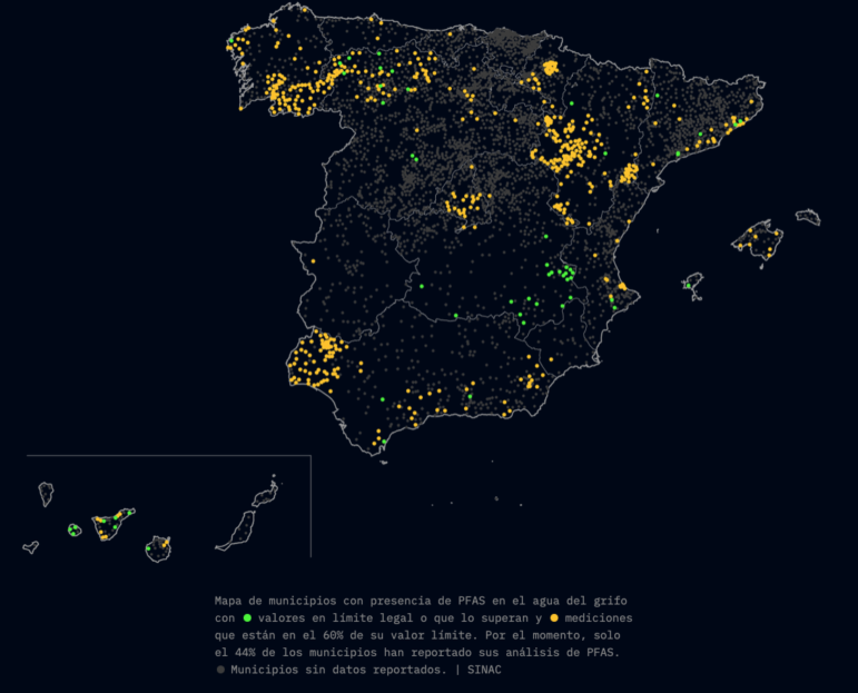 Map of Spanish municipalities where amount of PFAS "forever" chemicals in tap water is ​at or above the legal limit (green dot) and measurements that are at 60% of their allowable limit. Screenshot, Datatista