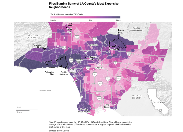 This map charts how the fire had impacted some of the most expensive parts of Los Angeles. Image: Screenshot / Bloomberg