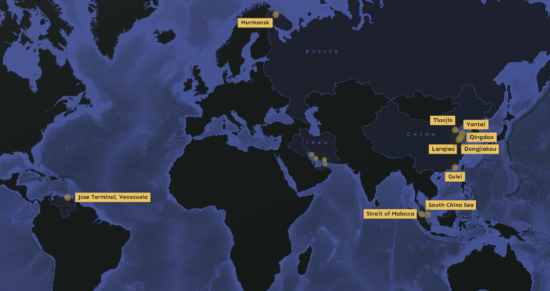 Reuters mapped the key locations where vessels transferred oil, from Iran and the United Arab Emirates, to Venezuela, Murmansk, and a string of ports in China. Image: Screenshot / Reuters