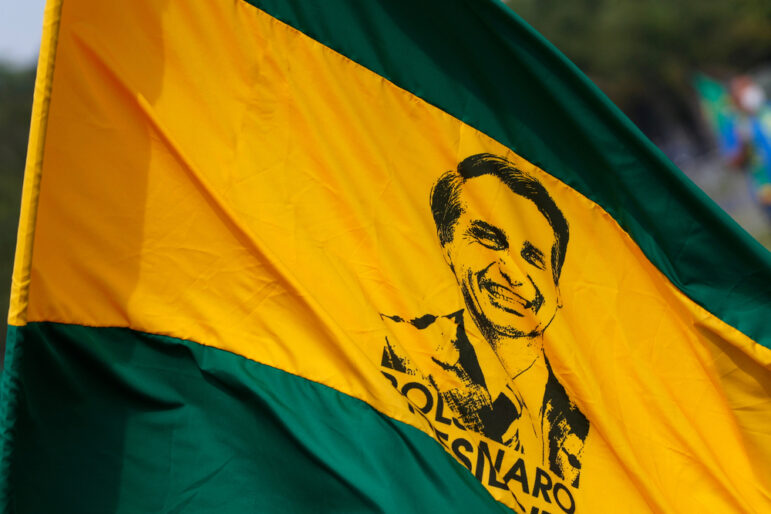 Brazil,President,Jair,Bolsonaro,Face,Portrait,On,Fans,Flag,Waving,