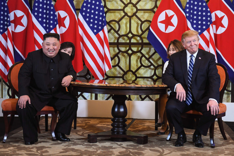 Donald Trump and Kim Jong Un during a meeting at the second US-North Korea summit at the Sofitel Legend Metropole hotel in Hanoi on Feb. 28, 2019.