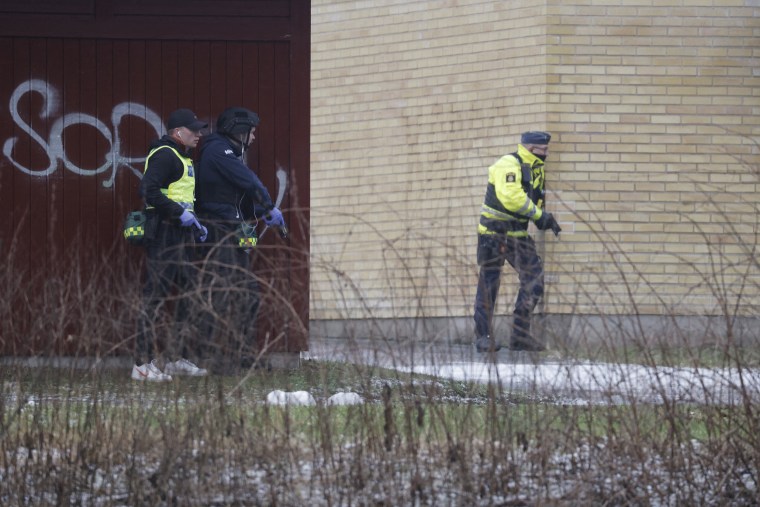 Police officers at the Risbergska School in Orebro, Sweden, on Feb. 4, 2025.