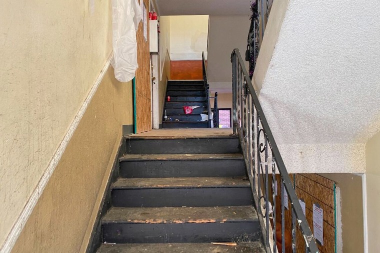 A stairwell in a building in Aurora, Colo., after a raid by federal agents on Wednesday, Feb. 5, 2025.