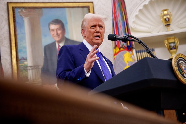 President Donald Trump speaks in the Oval Office at the White House on Feb.12, 2025.