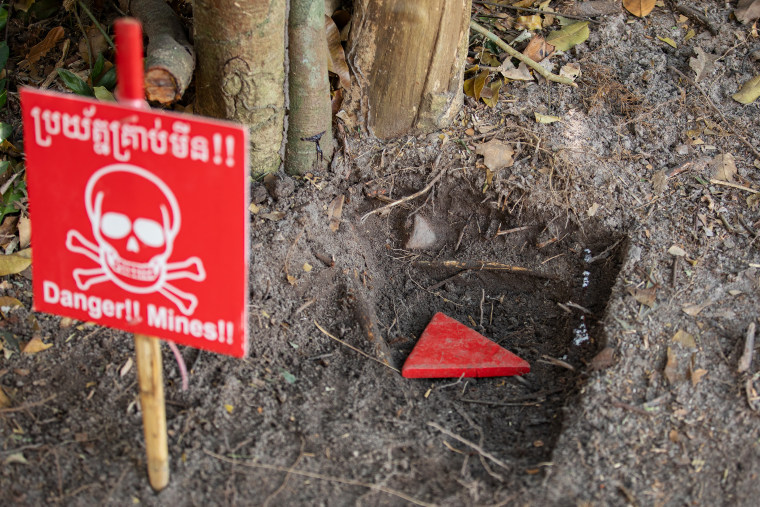 A Chinese-made "Bouncing Betty" landmine is detected by Cambodian Self Help Demining in Siem Reap.