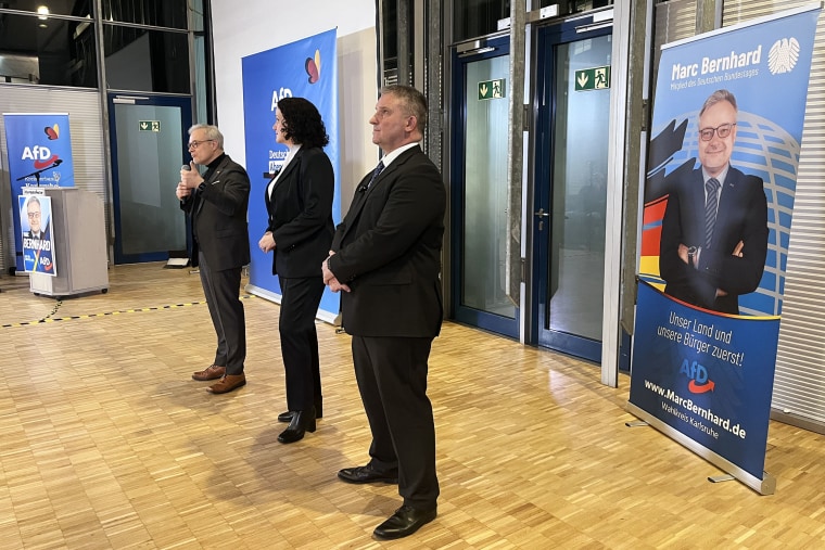 From left: AfD members Marc Bernhard, Nicole Hoechst, and Martin Hess at a rally in Karlsruhe, Germany, on Wednesday.