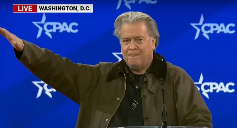 Steve Bannon seems to give a Nazi Salute on stage during the first day of CPAC 25, in Washington DC, on February 20, 2025.