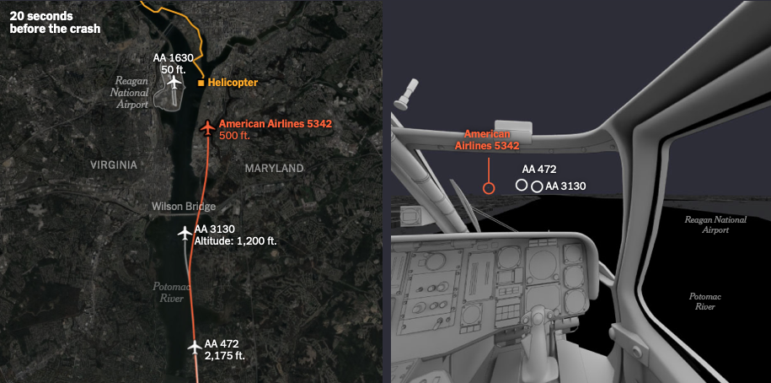 The New York Times recreated the possible cockpit view from the US Army helicopter in the moments leading up to its collision with American Airlines Flight 3372.