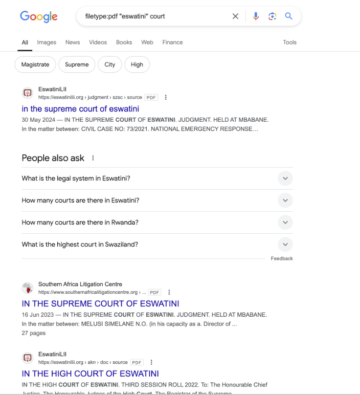 Google search for Eswatini, and court, Image: Screenshot, courtesy of CCIJ