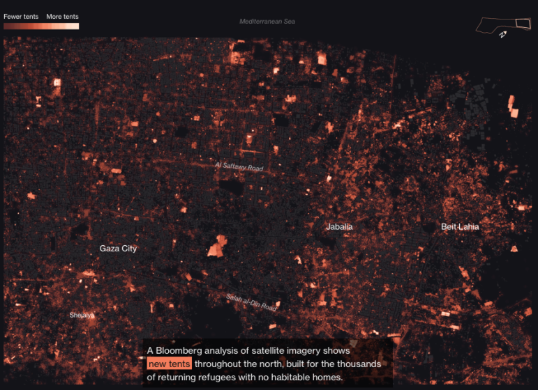 Bloomberg satellite analysis tents in destroyed northern Gaza